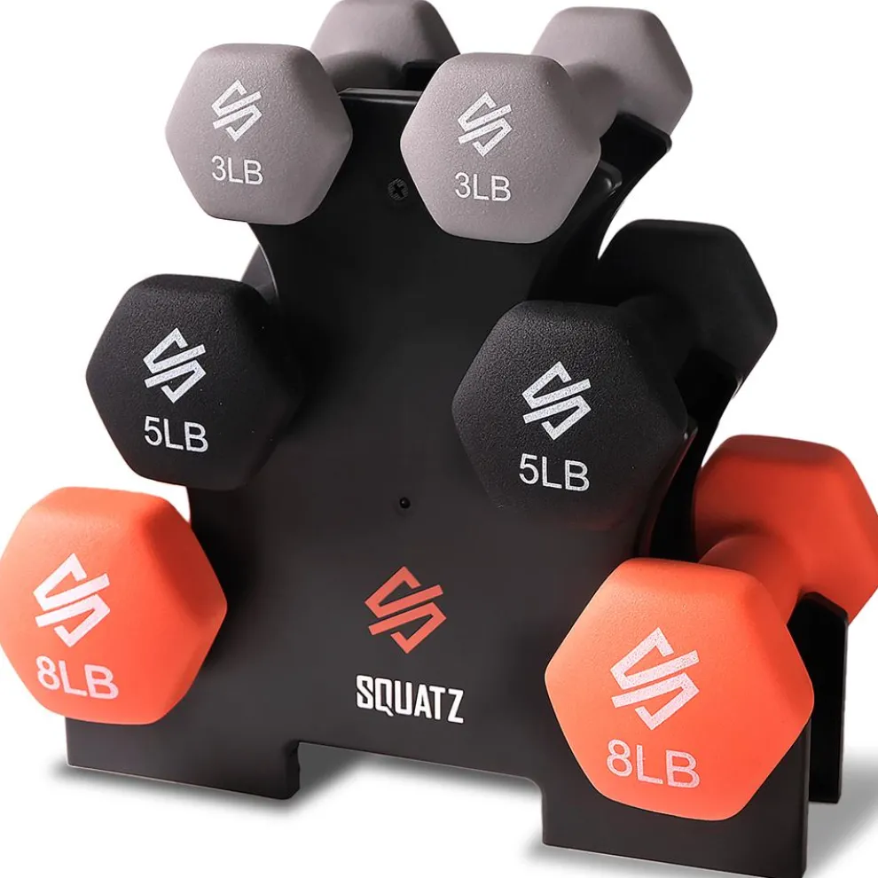 Dumbbell Set with Stand, Anti-Slip Neoprene Coated, Gray/Black/Orange
