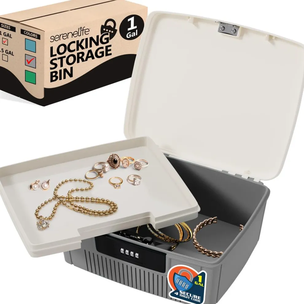 Lockable Storage Bin, Secure Combo Lock, Durable ABS, Gray