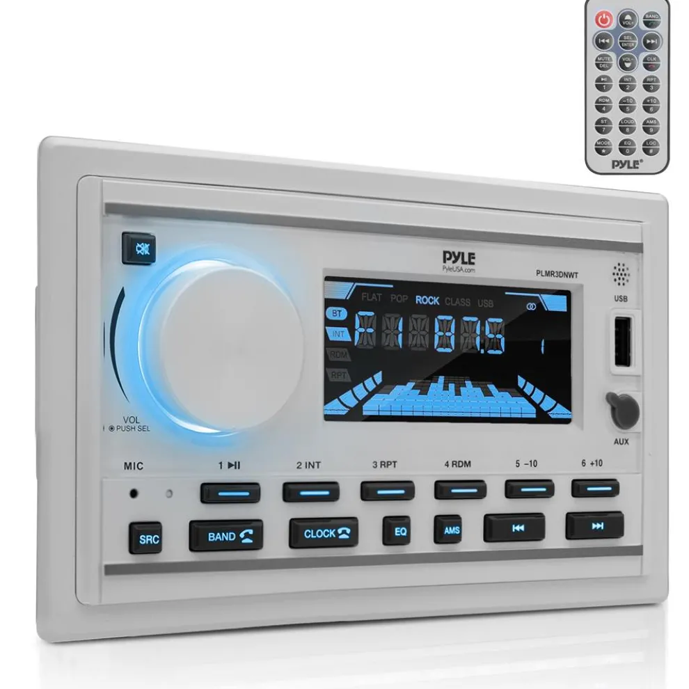 Marine Stereo Receiver Kit, Bluetooth, Double DIN, LCD Display, White