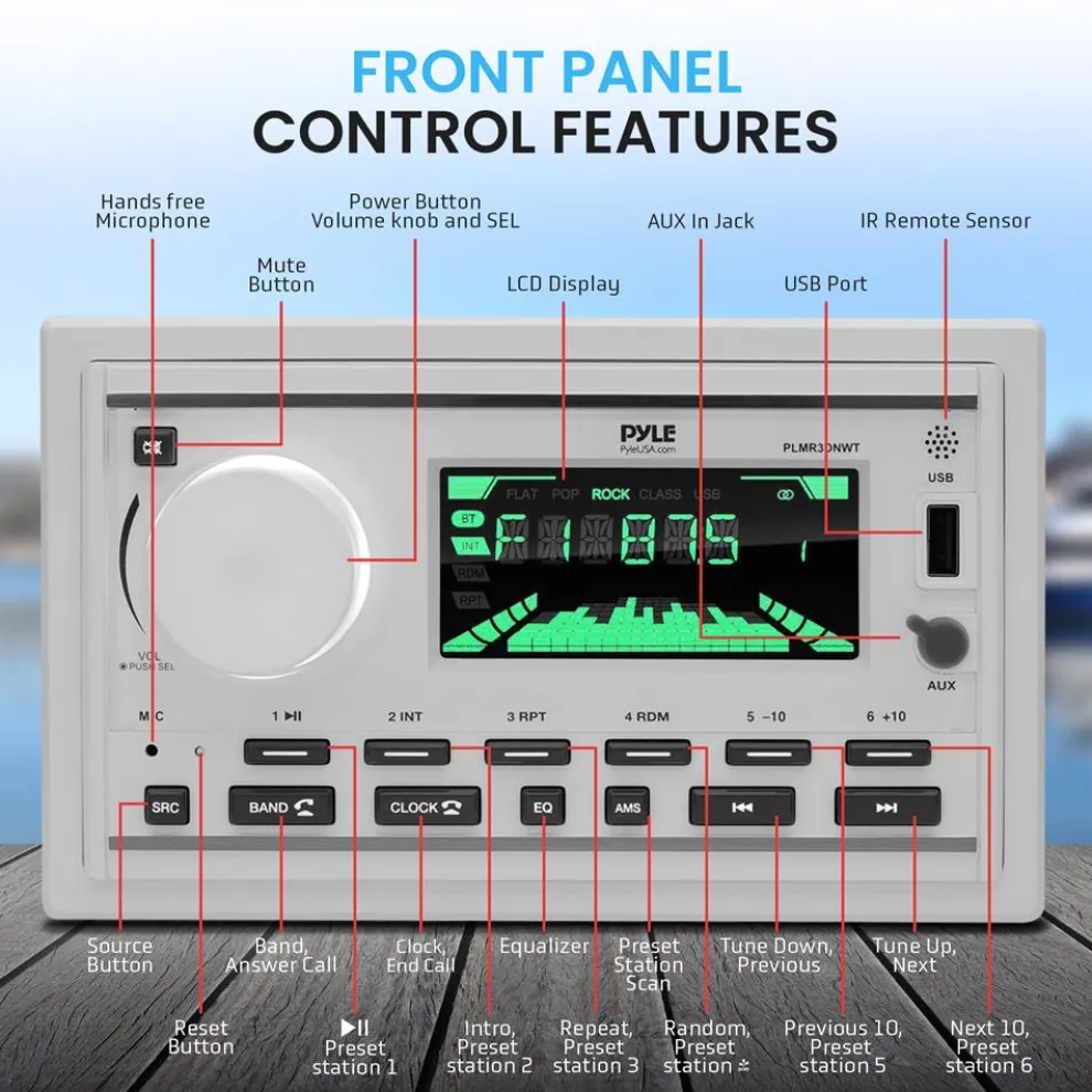 Marine Stereo Receiver Kit, Bluetooth, Double DIN, LCD Display, White