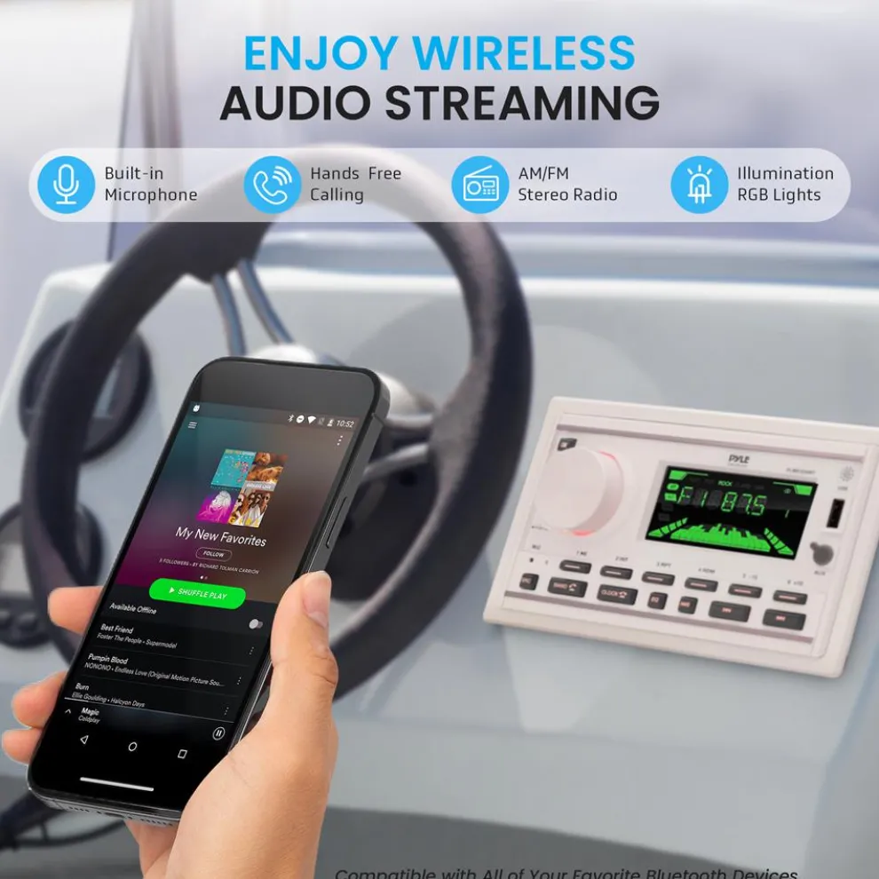 Marine Stereo Receiver Kit, Bluetooth, Double DIN, LCD Display, White