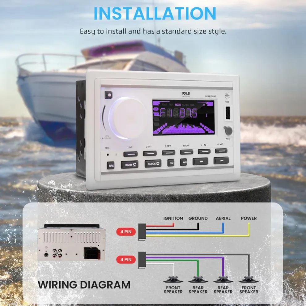 Marine Stereo Receiver Kit, Bluetooth, Double DIN, LCD Display, White