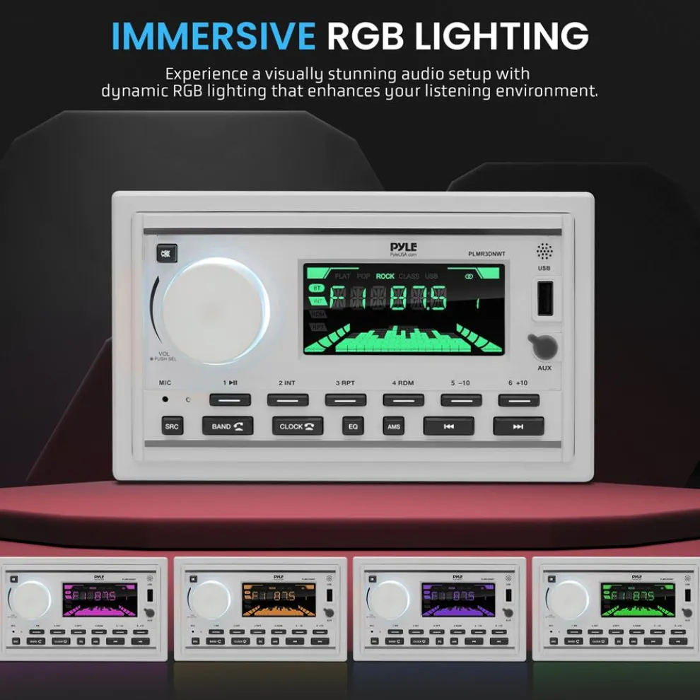 Marine Stereo Receiver Kit, Bluetooth, Double DIN, LCD Display, White