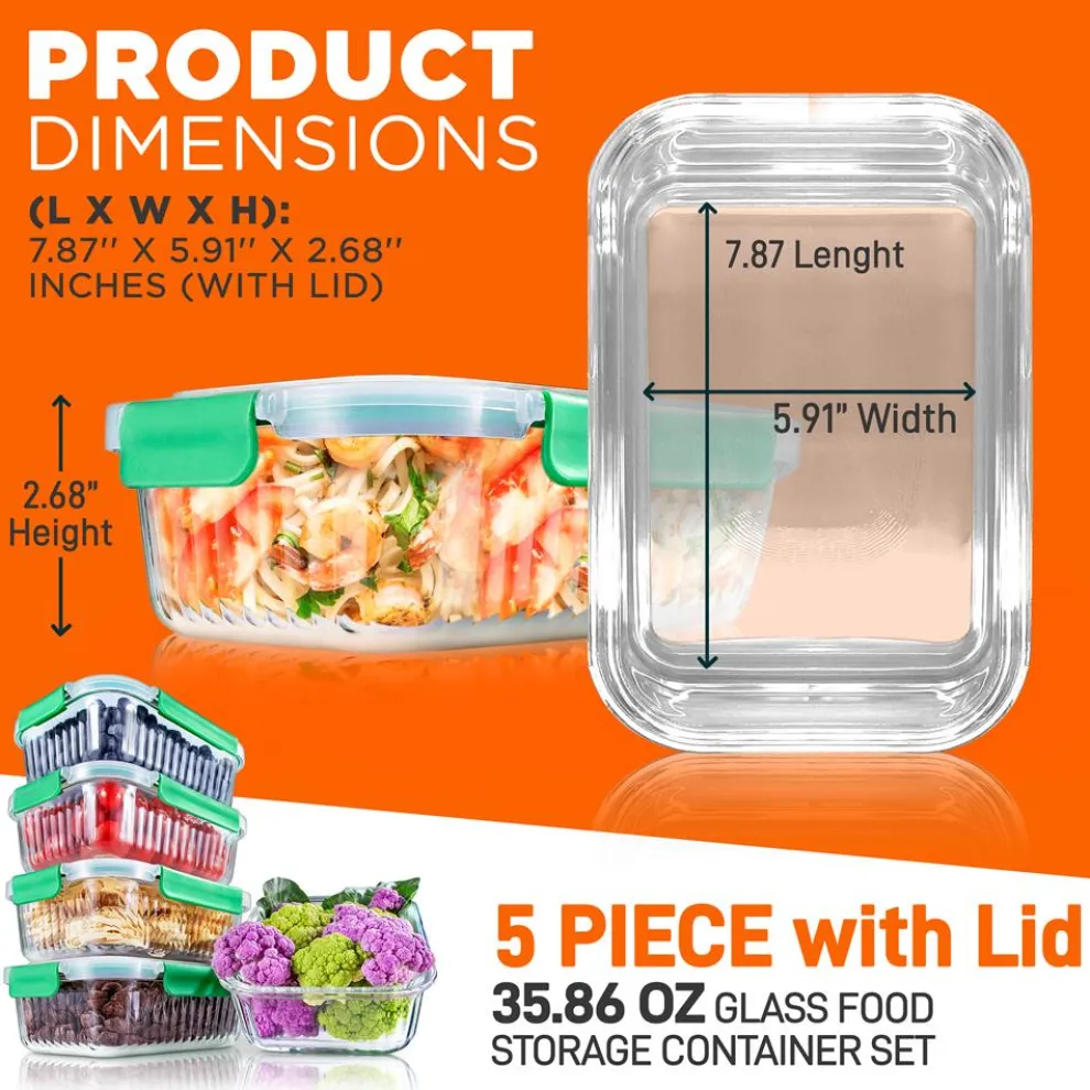 10-Piece Glass Food Storage Set - Leakproof Airtight Lids, Oven Safe