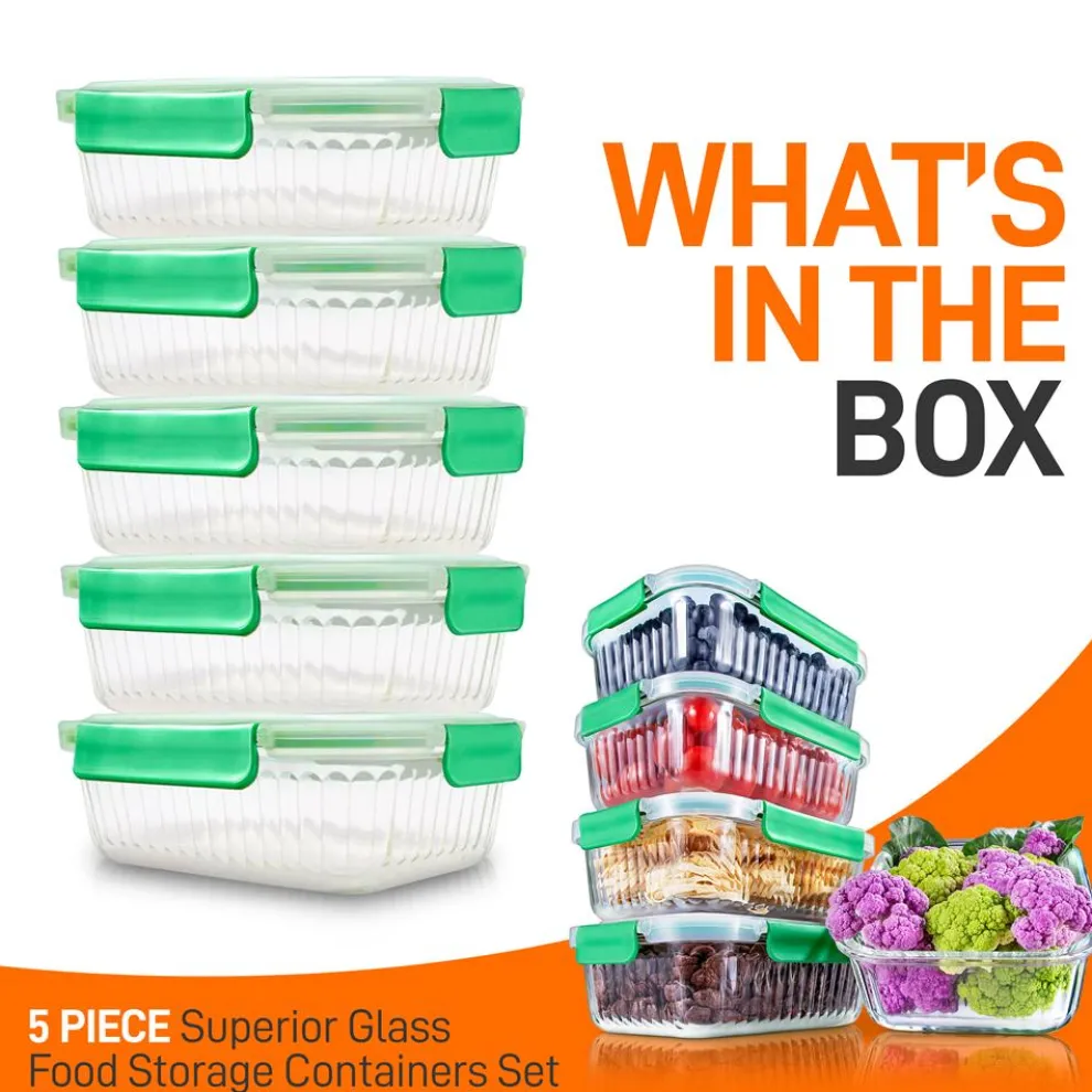 10-Piece Glass Food Storage Set - Leakproof Airtight Lids, Oven Safe