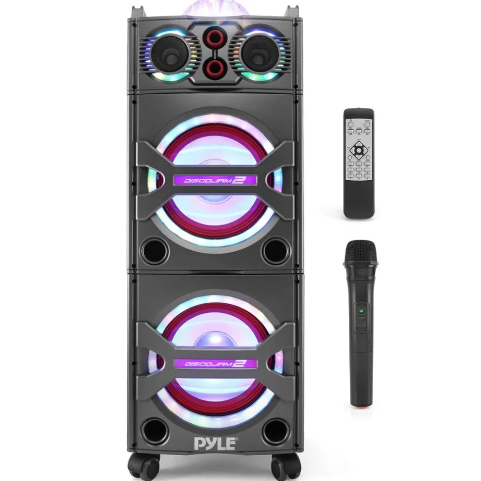 Portable Bluetooth PA Speaker 2000W, DJ Lights, Wireless Mic, USB/SD, Wheels
