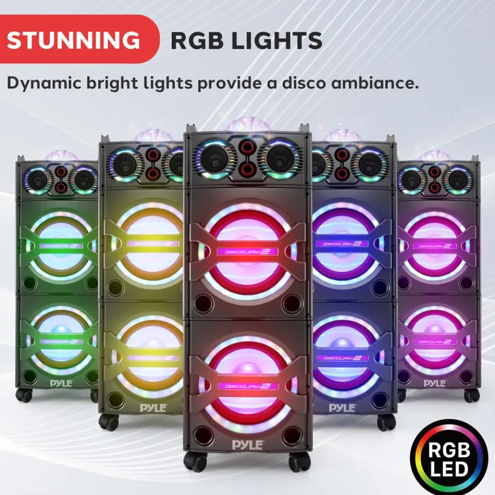 Portable Bluetooth PA Speaker 2000W, DJ Lights, Wireless Mic, USB/SD, Wheels