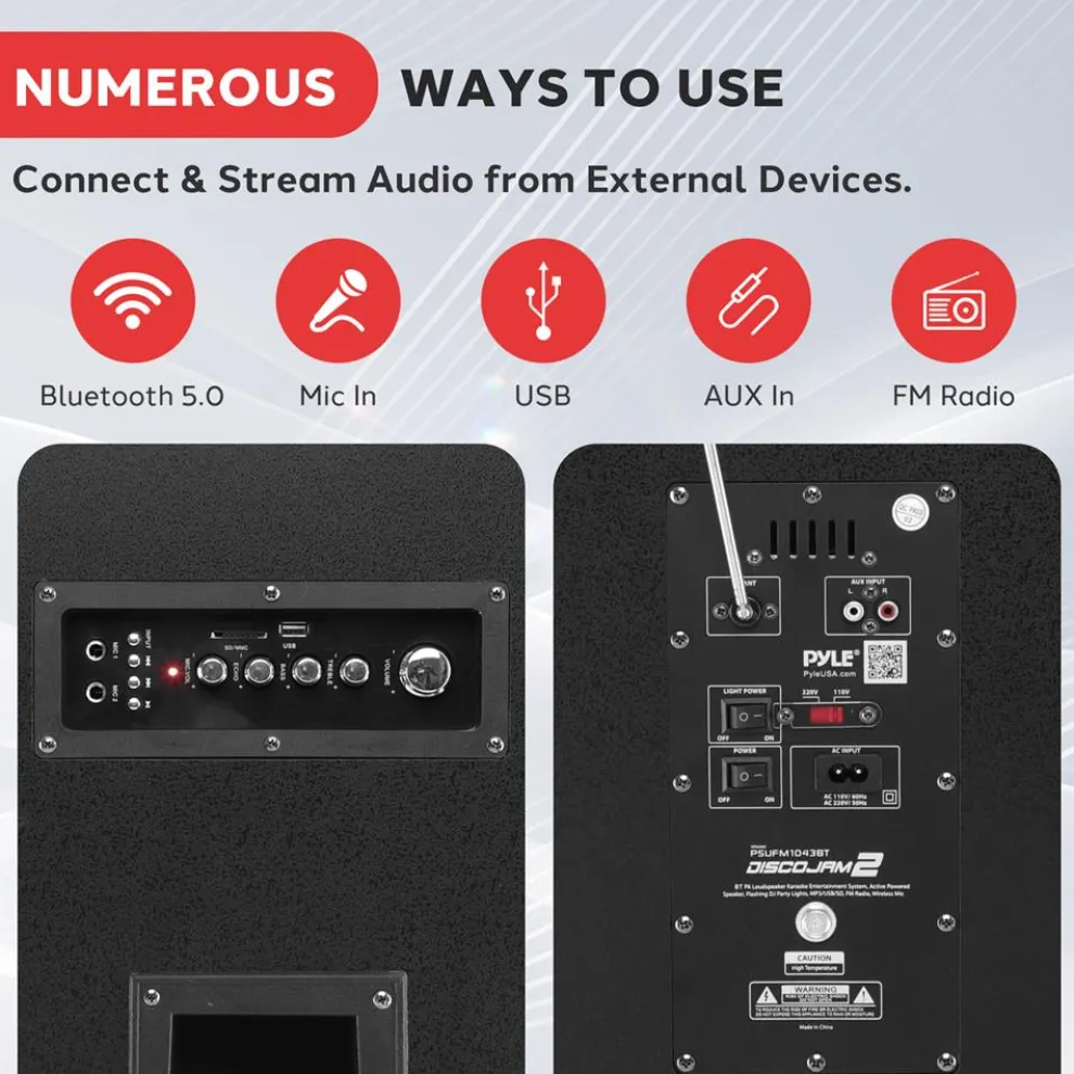 Portable Bluetooth PA Speaker 2000W, DJ Lights, Wireless Mic, USB/SD, Wheels