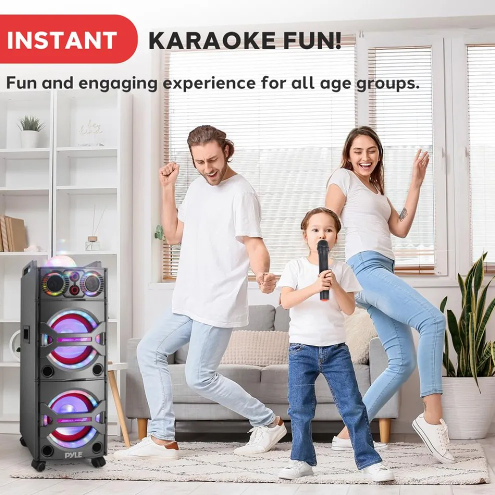 Portable Bluetooth PA Speaker 2000W, DJ Lights, Wireless Mic, USB/SD, Wheels