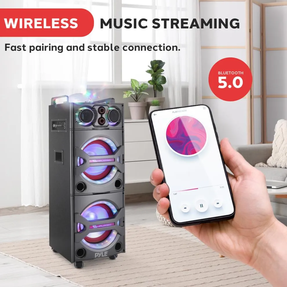 Portable Bluetooth PA Speaker 2000W, DJ Lights, Wireless Mic, USB/SD, Wheels