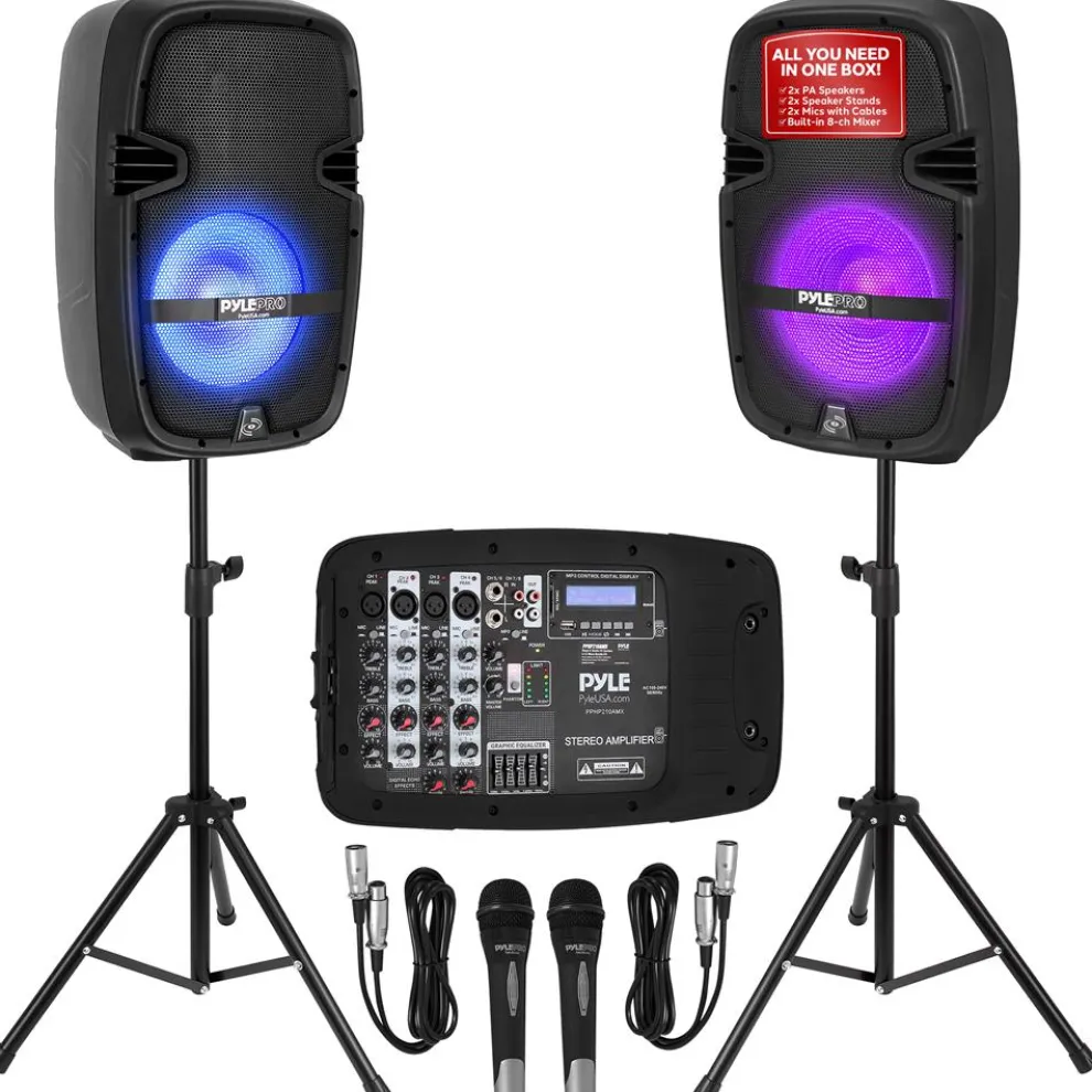 Portable PA Speaker DJ Mixer Bundle, 600W, Bluetooth, LED Lights, 10" Speakers