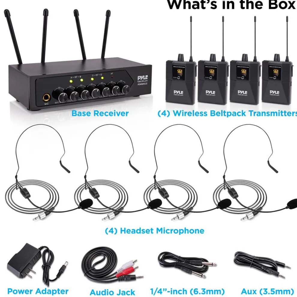Portable UHF Wireless Mic System - 4 Mics, Bluetooth, Battery Operated