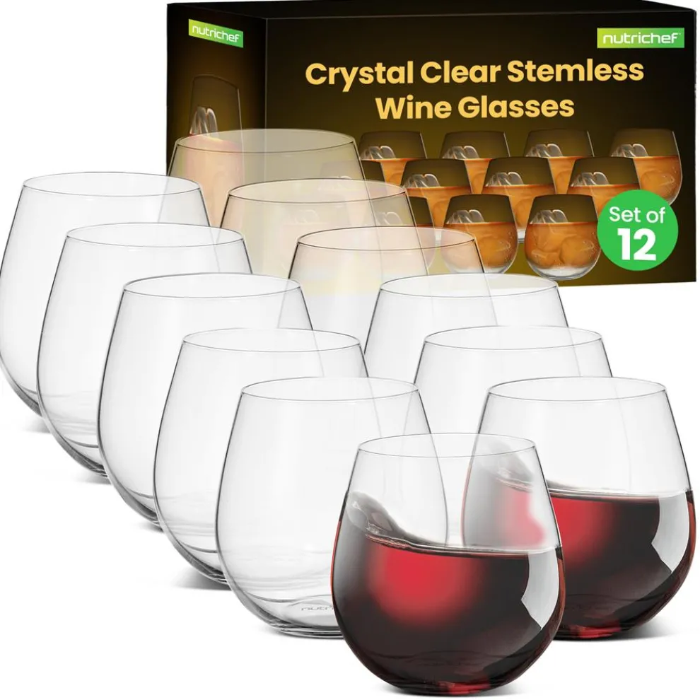 Stemless Wine Glasses Set of 12, Ultra Thin Crystal, Clear, 15 Oz